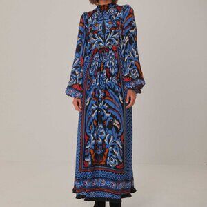 NWT Farm Rio Black Toucans Scarf Long Sleeve Maxi Dress